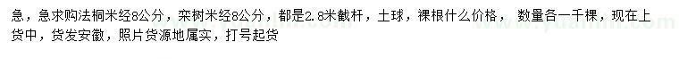 求購(gòu)米經(jīng)8公分法桐、米經(jīng)8公分欒樹(shù)