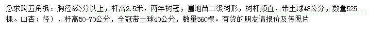 求購(gòu)胸徑6公分以上五角楓、20公分處量地徑5公分山杏