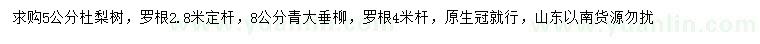 求購5公分杜梨、8公分青大垂柳