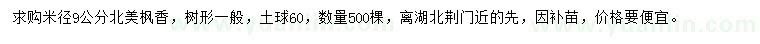 求購米徑9公分北美楓香