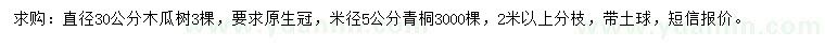 求購直徑30公分木瓜樹、米徑5公分青桐