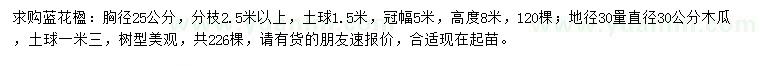 求購胸徑25公分藍花楹、地徑30量直徑30公分木瓜