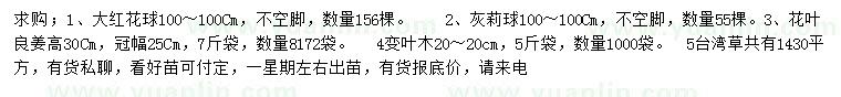 求購大紅花球、灰莉球、花葉良姜等