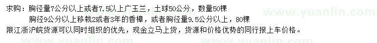 求購胸徑7.5公分以上廣玉蘭、9.5公分以上香樟