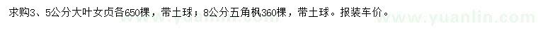 求購3、5公分大葉女貞、8公分五角楓