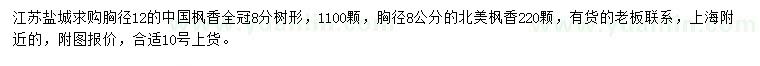 求購(gòu)胸徑12公分中國(guó)楓香、8公分北美楓香