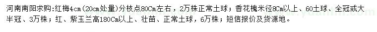 求購紅梅、香花槐、紅玉蘭等