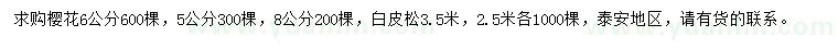 求購(gòu)5、6、8公分櫻花、2.5、3.5米白皮松