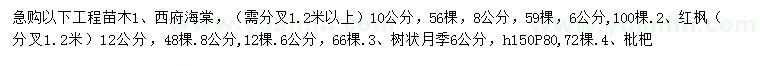 求購西府海棠、紅楓、月季等