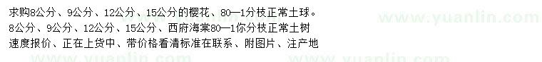 求購(gòu)8、9、12、15公分櫻花、西府海棠