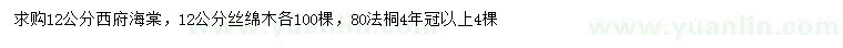 求購西府海棠、絲棉木、法桐