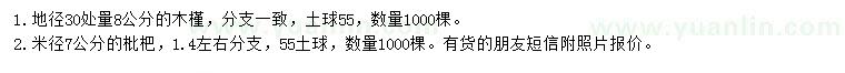 求購30量8公分木槿、米徑7公分枇杷樹