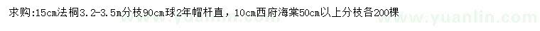 求購15公分法桐、10公分西府海棠