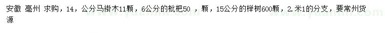 求購馬褂木、枇杷、櫸樹