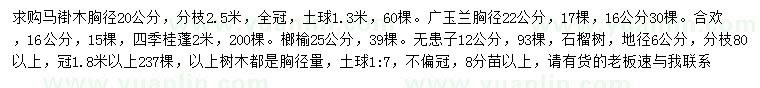 求購馬褂木、廣玉蘭、合歡等
