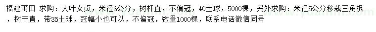 求購米徑6公分大葉女貞、5公分三角楓