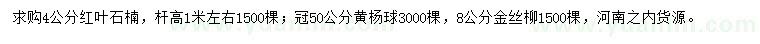求購紅葉石楠、黃楊球、金絲柳