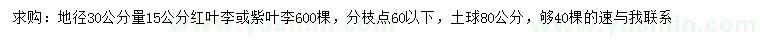 求購地徑30公分量15公分紅葉李或紫葉李