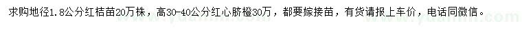 求購地徑1.8公分紅桔苗、高30-40公分紅心臍橙