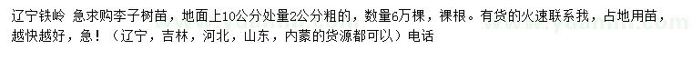 求購地面上10公分處量2公分李子樹苗