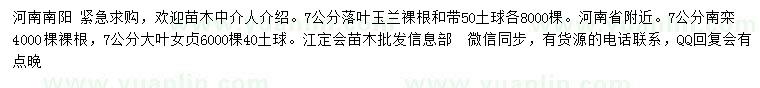 求購落葉玉蘭、南欒、大葉女貞