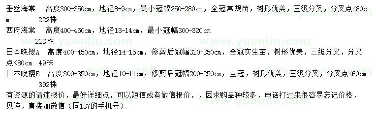 求購垂絲海棠、西府海棠、日本晚櫻