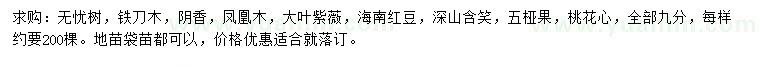 求購無憂樹、鐵刀木、陰香等