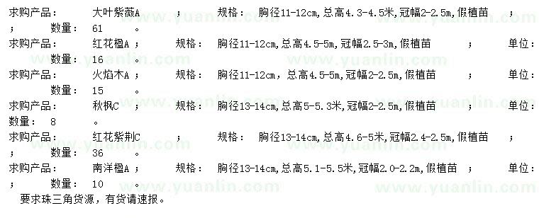 求購大葉紫薇、紅花楹、火焰木等