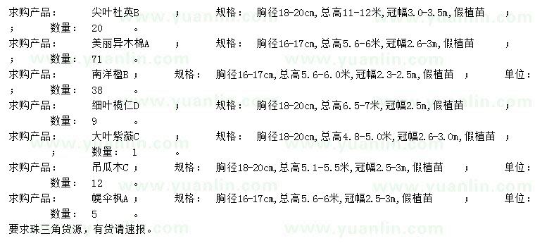 求購尖葉杜英、美麗異木棉、南洋楹等