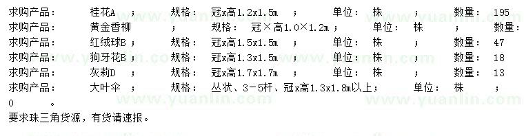 求購桂花、黃金香柳、紅絨球等