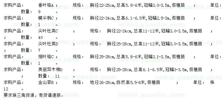 求購垂葉榕、幌傘楓、尖葉杜英等