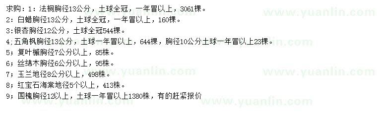 求購(gòu)法桐、白蠟、銀杏等
