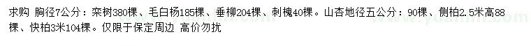 求購欒樹、毛白楊、垂柳等