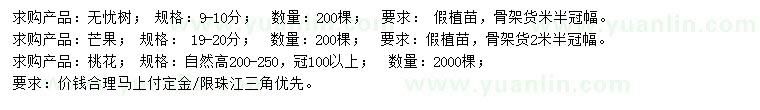 求購無憂樹、芒果、桃樹