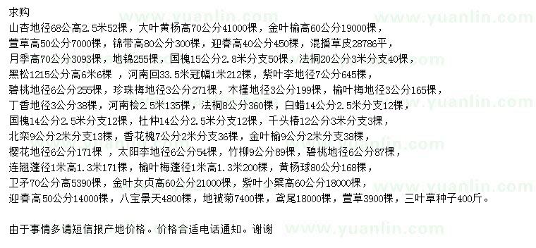 求購(gòu)山杏、大葉黃楊、金葉榆等