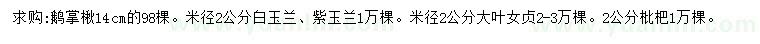 求購鵝掌楸、白玉蘭、紫玉蘭等