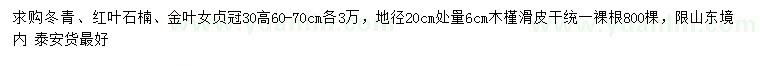 求購冬青、紅葉石楠、金葉女貞等