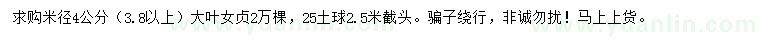 求購米徑4公分大葉女貞