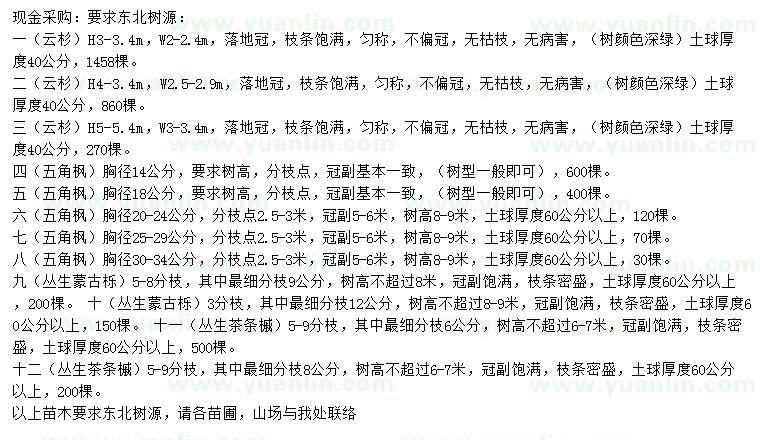 求購云杉、五角楓、叢生蒙古櫟等