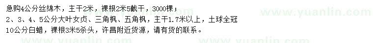 求購絲綿木、大葉女貞、三角楓等