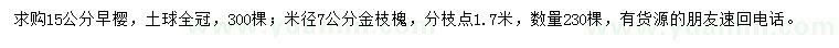 求購(gòu)15公分早櫻、米徑7公分金枝槐