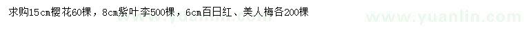 求購櫻花、紫葉李、百日紅等