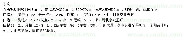 求購(gòu)胸徑14-16公分五角楓、胸徑20-22、23-24、25-28公分白蠟
