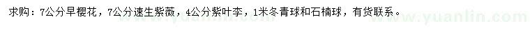 求購早櫻、速生紫薇、紫葉李等