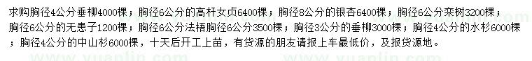 求購垂柳、高桿女貞、銀杏等