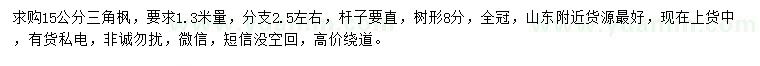 求購1.3米量15公分三角楓
