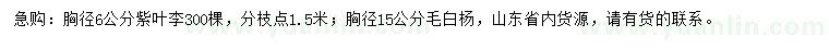 求購胸徑6公分紫葉李、胸徑15公分毛白楊