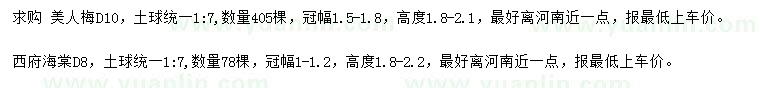 求購(gòu)地徑10公分美人梅、8公分西府海棠