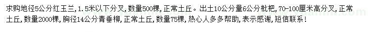求購紅玉蘭、枇杷樹、青垂柳等
