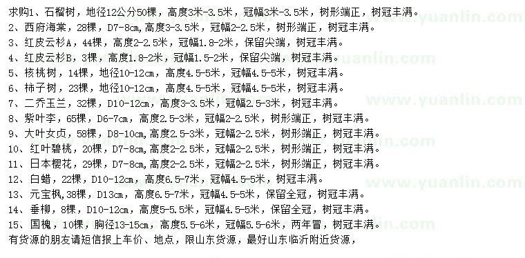 求購(gòu)石榴樹、西府海棠、紅皮云杉等